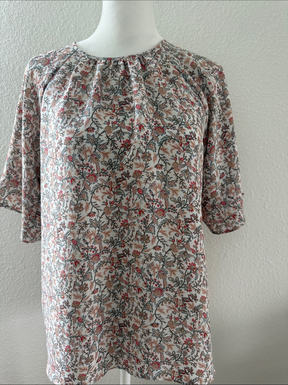 LOFT Cream Floral Short-Sleeve Blouse with Pink & Green Accents